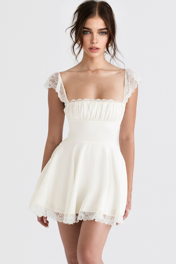 WHITE LACE DRESS WITH FLOUNCED SKIRT - 1