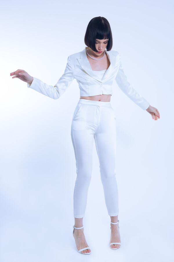 White Satin Cigarette Trousers - 1