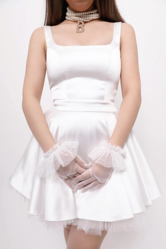 WHITE SATIN MINI DRESS WITH TULLE HEM DETAIL - 5