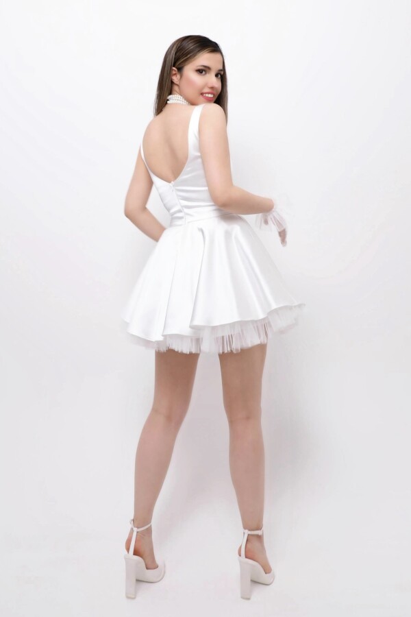 WHITE SATIN MINI DRESS WITH TULLE HEM DETAIL - 6