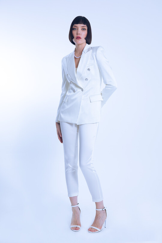 White Satin Wrap Blazer with Fitted Waist - BERFUĞ KIRAN