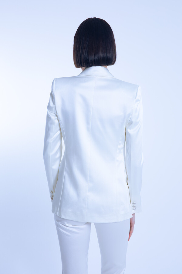 White Satin Wrap Blazer with Fitted Waist - 3