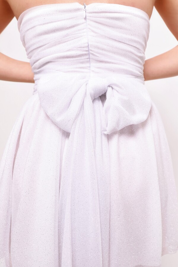 WHITE STRAPLESS GLITTER MINI DRESS WITH WAIST TIE - 5