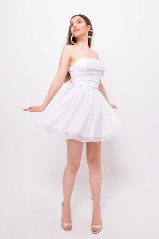 WHITE STRAPLESS GLITTER MINI DRESS WITH WAIST TIE - 8