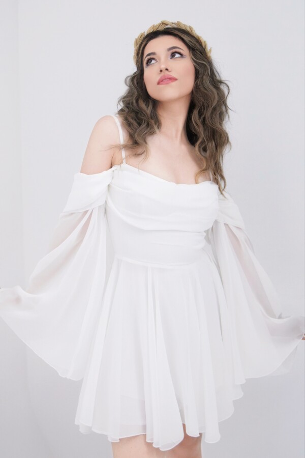 WHITE STRAPPY LONG-SLEEVE RUFFLED CHIFFON DRESS - 1