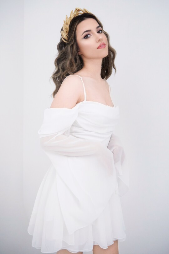 WHITE STRAPPY LONG-SLEEVE RUFFLED CHIFFON DRESS - 8
