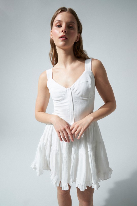 White V-Neck Thick Strap Dress with Ruffled Skirt - 2