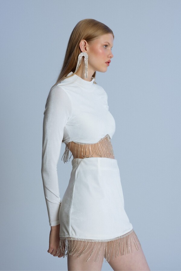 WHITE VELVET SKIRT WITH STONE HEADS - 3