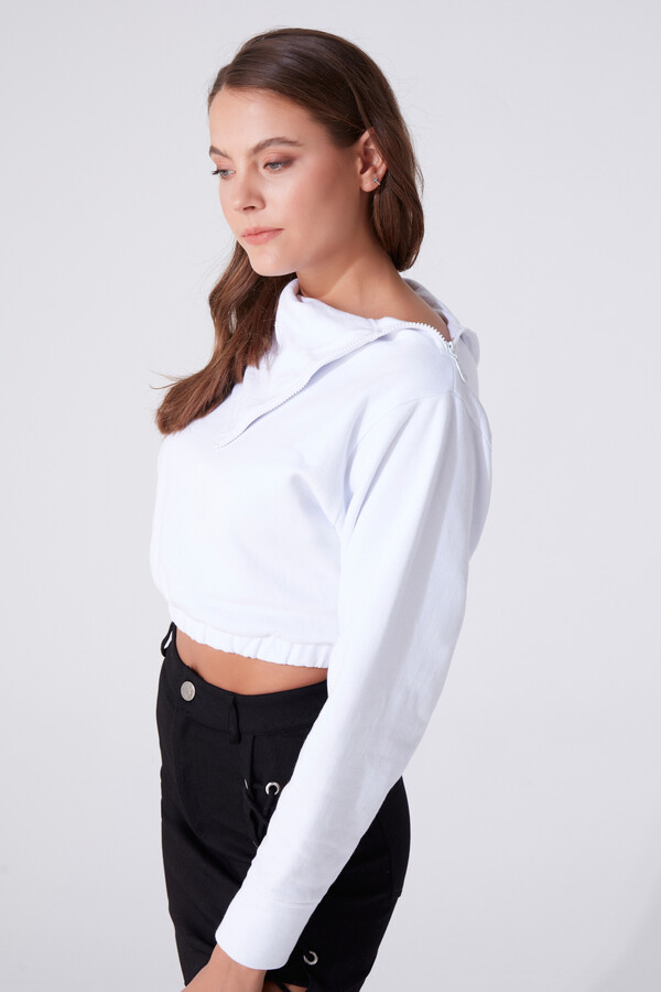 WHITE ZIP-UP HIGH NECK SWEATSHIRT WITH ELASTICATED WAIST - 1