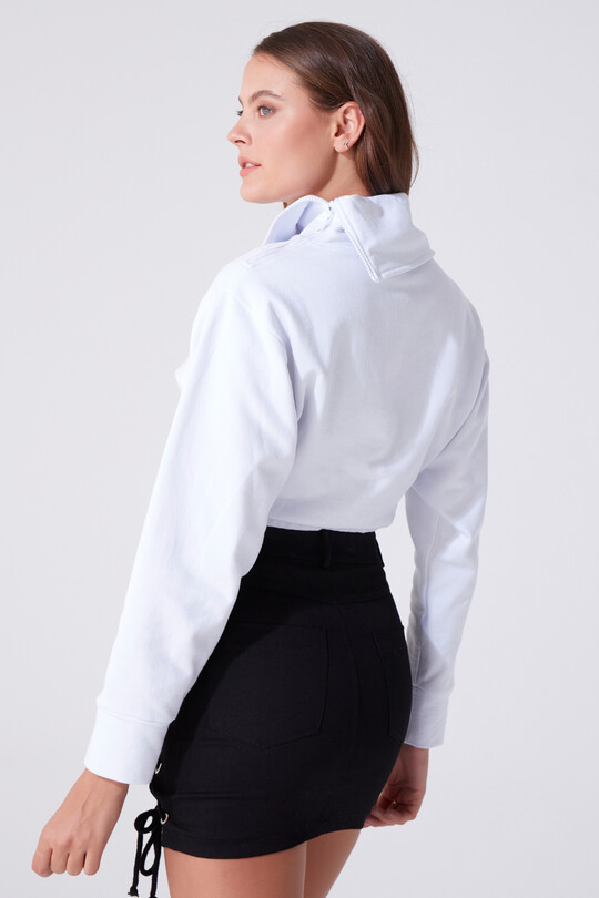 WHITE ZIP-UP HIGH NECK SWEATSHIRT WITH ELASTICATED WAIST - 3
