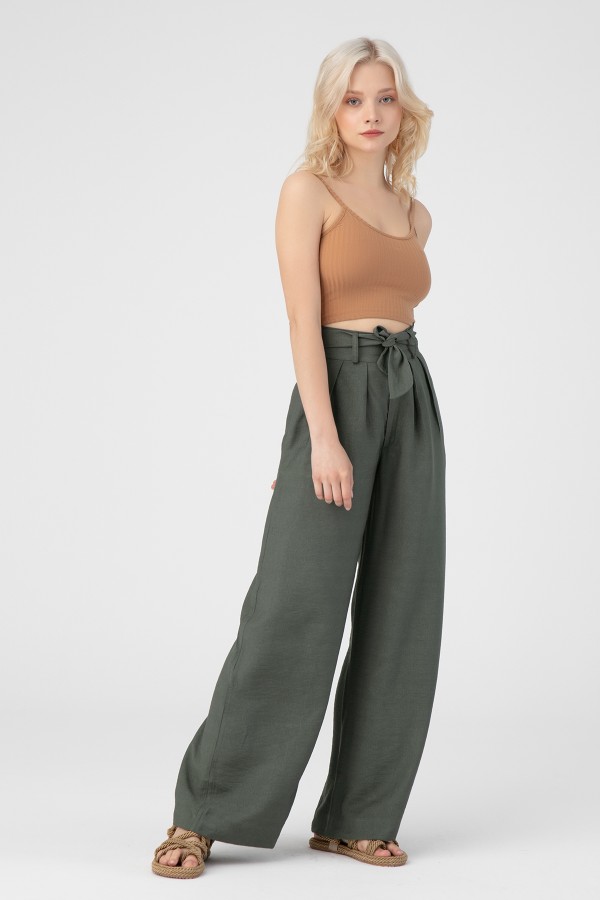 YEŞİL BELİ KEMERLİ BOL PAÇA KETEN PANTOLON - 1