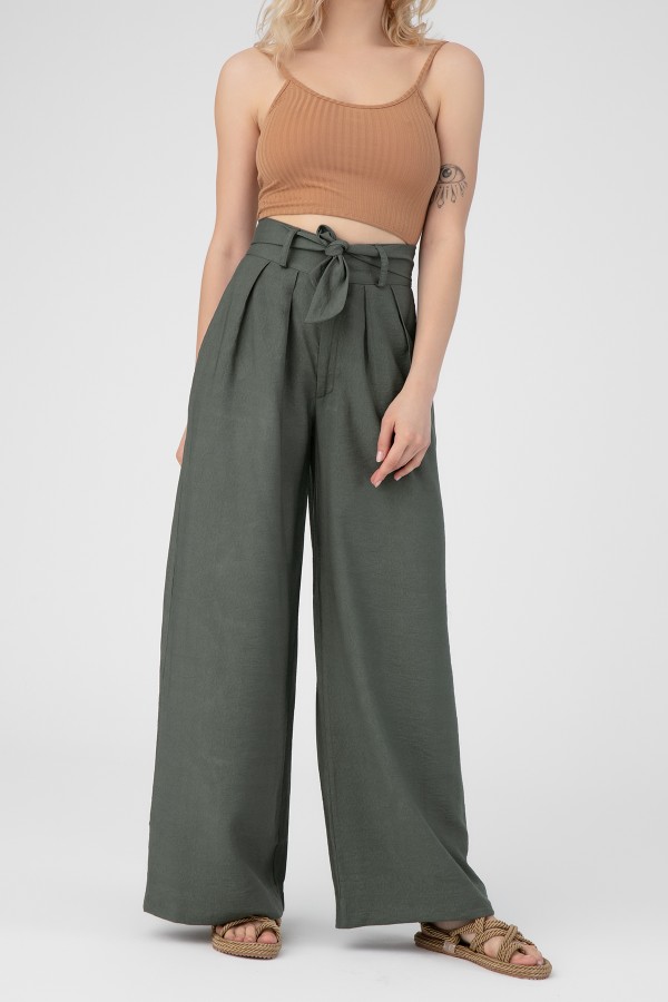 YEŞİL BELİ KEMERLİ BOL PAÇA KETEN PANTOLON - 2