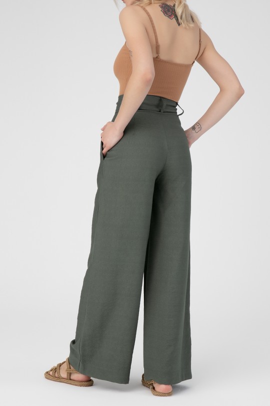 YEŞİL BELİ KEMERLİ BOL PAÇA KETEN PANTOLON - 3